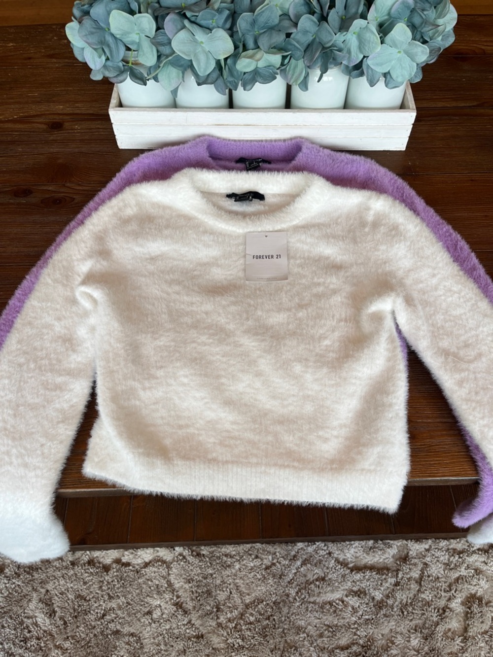 NWT Forever 21 Fuzzy Crewneck Sweaters in Lilac and White (2 Sweaters Total)